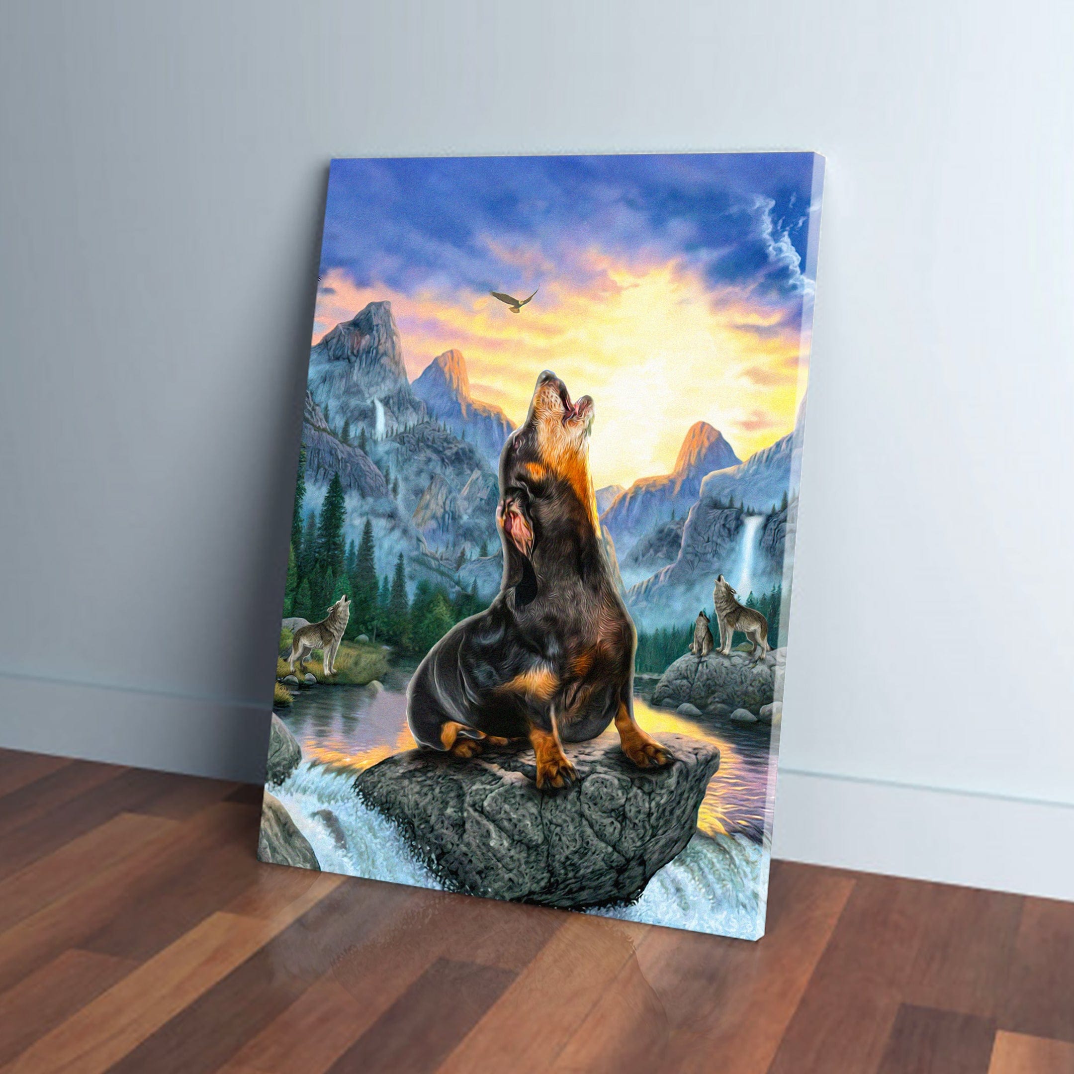 Personalized 'Retro Wolf' pet canvas featuring a dog howling on a rock with mountains and sunset.