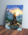 Personalized 'Retro Wolf' pet canvas featuring a dog howling on a rock with mountains and sunset.