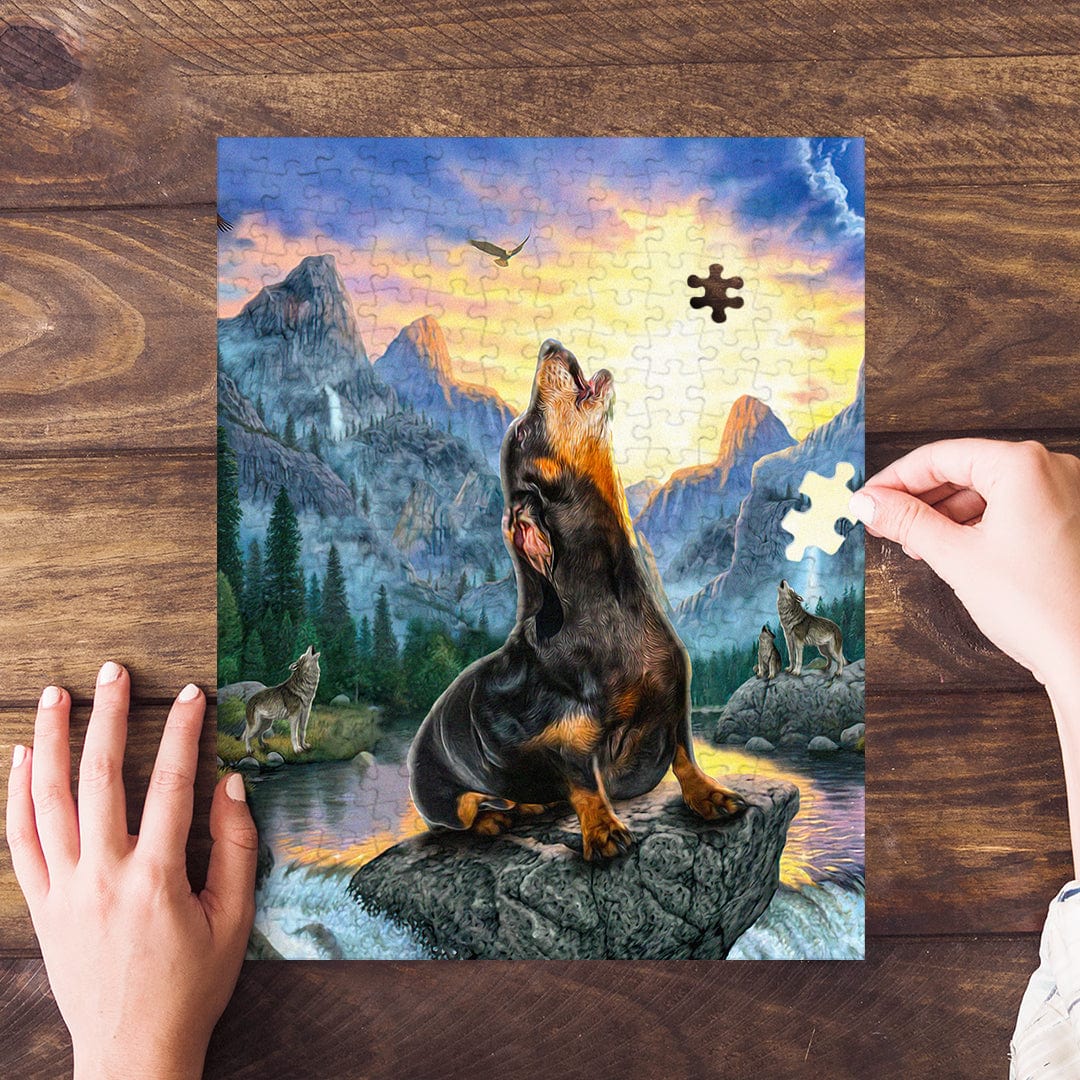 Personalized 'The Retro Wolf' pet puzzle featuring a dog howling in a mountain landscape.