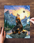 Personalized 'The Retro Wolf' pet puzzle featuring a dog howling in a mountain landscape.