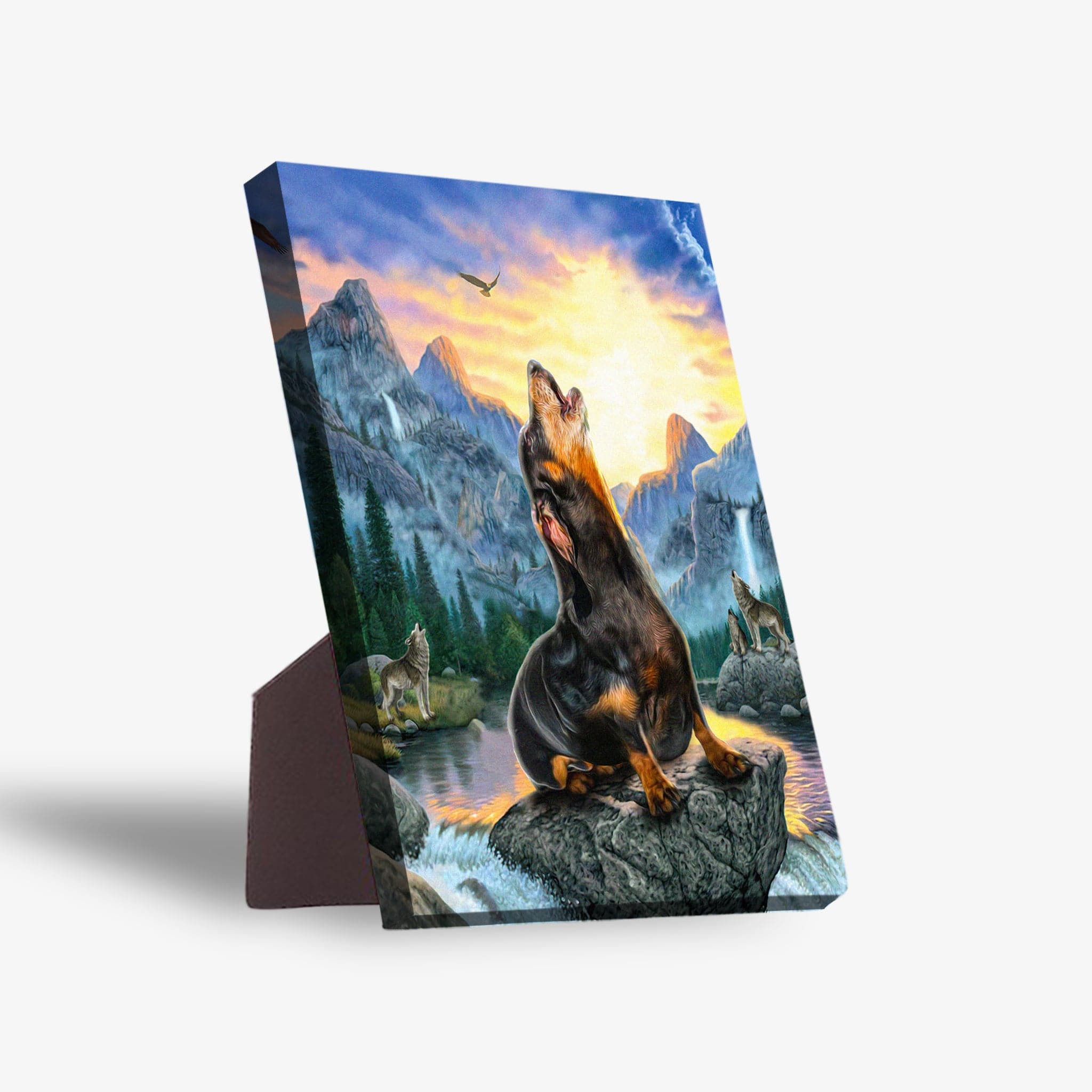 Personalized 'Retro Wolf' standing canvas featuring a pet howling at a sunset in a mountain landscape.
