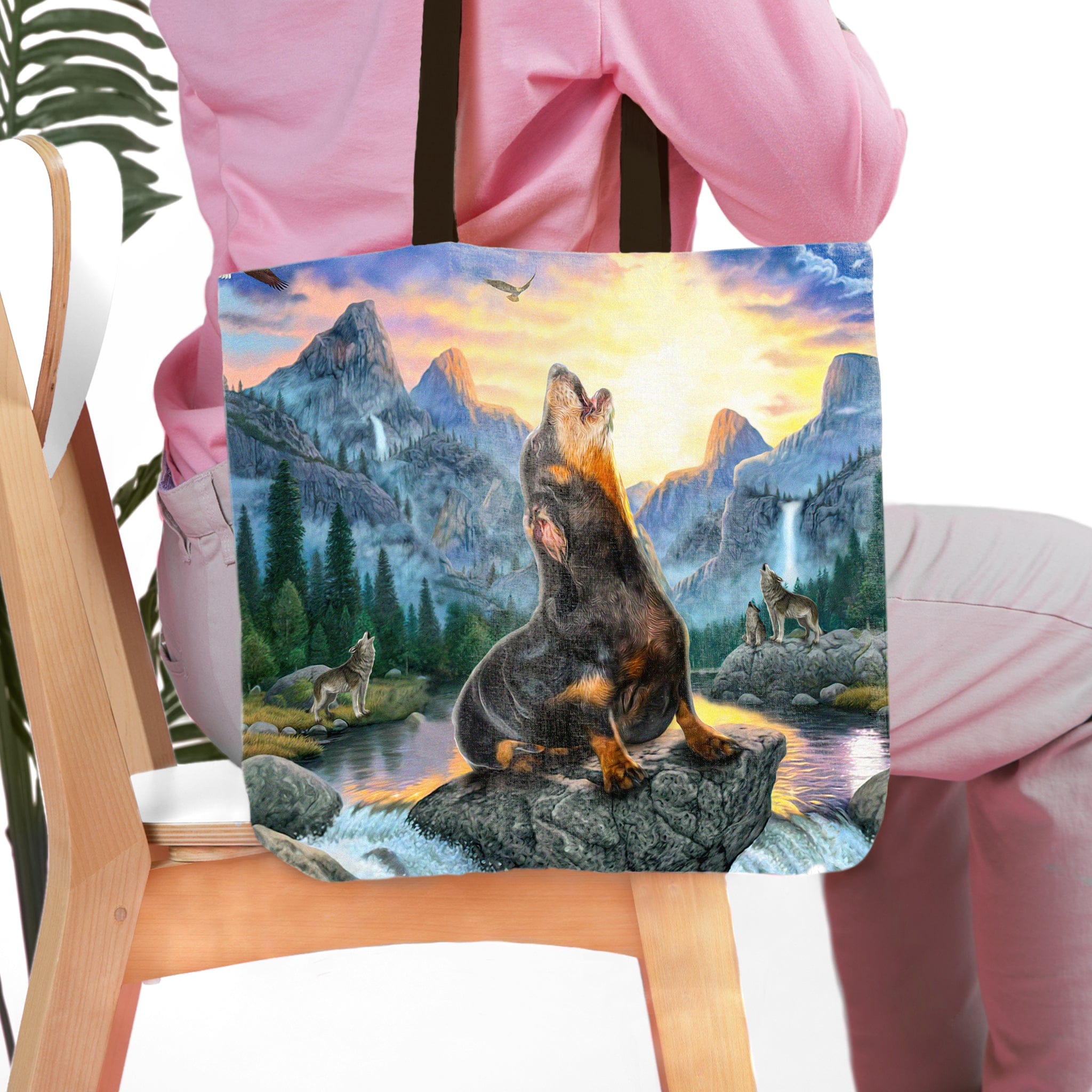 Personalized Retro Wolf tote bag with a custom pet portrait of a dog howling at sunset in a mountain landscape.
