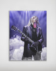 Personalized 'The Rocker' dog poster featuring a Weimaraner's head on a rock star playing a black electric guitar, with purple stage lights and smoke.