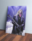 Personalized 'The Rocker' pet canvas featuring a dog in a black leather jacket playing an electric guitar.