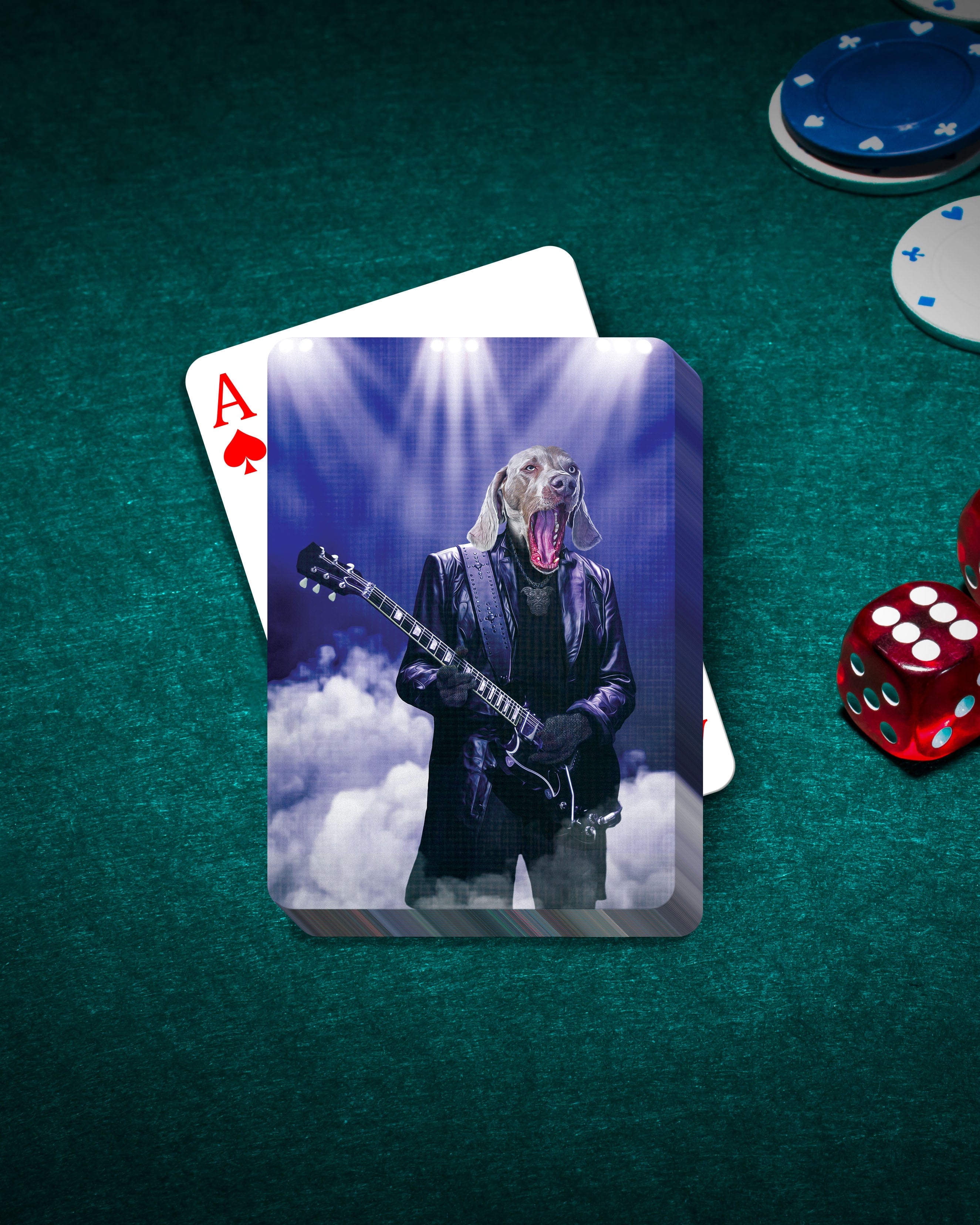 Personalized pet playing cards featuring a dog rocker portrait on a green felt table with poker chips and dice.
