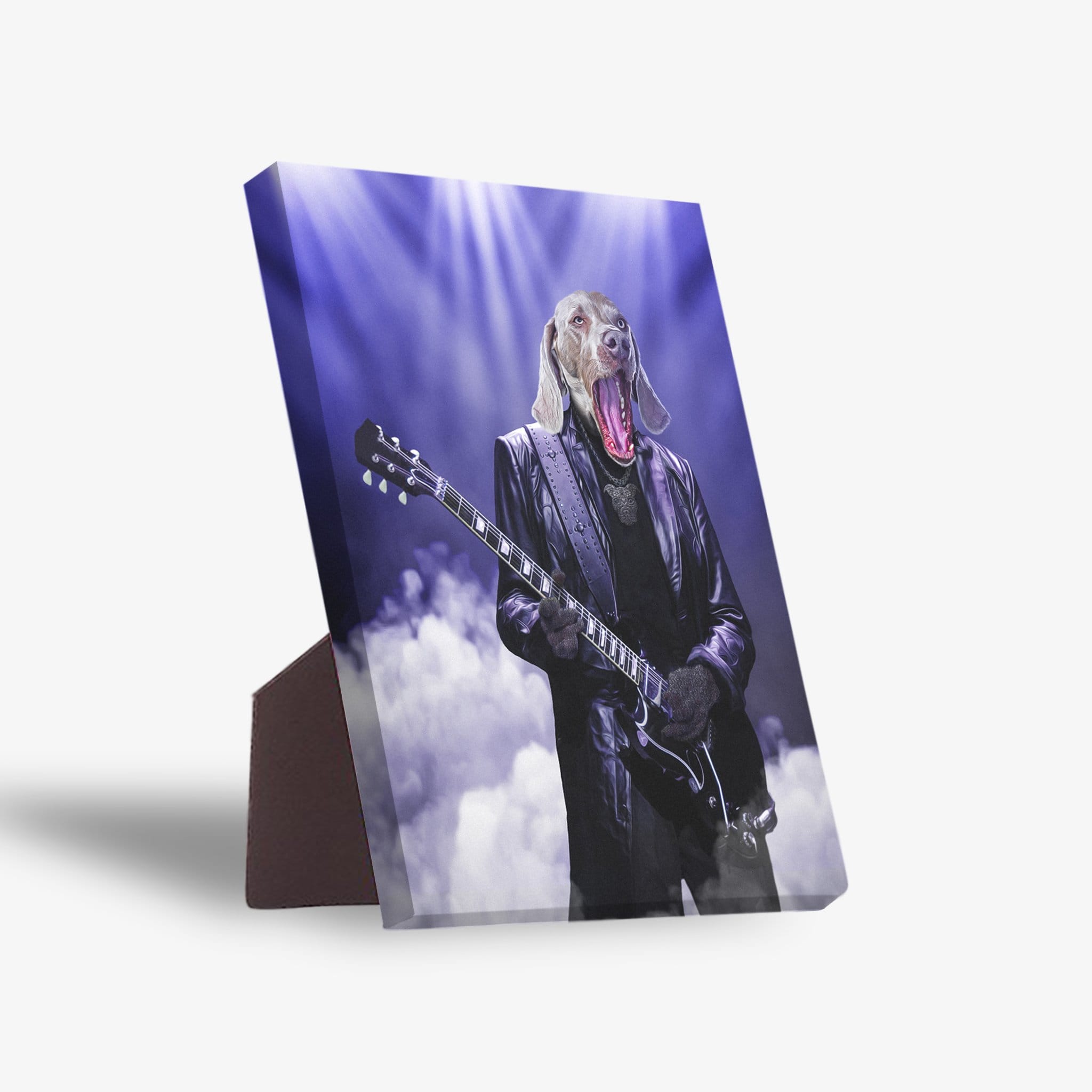 Personalized pet standing canvas featuring a Weimaraner dog as a rocker, playing an electric guitar on a smoky stage with purple lights.