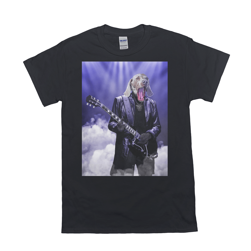 Black Gildan t-shirt with a personalized Weimaraner dog rocker design playing electric guitar on stage.