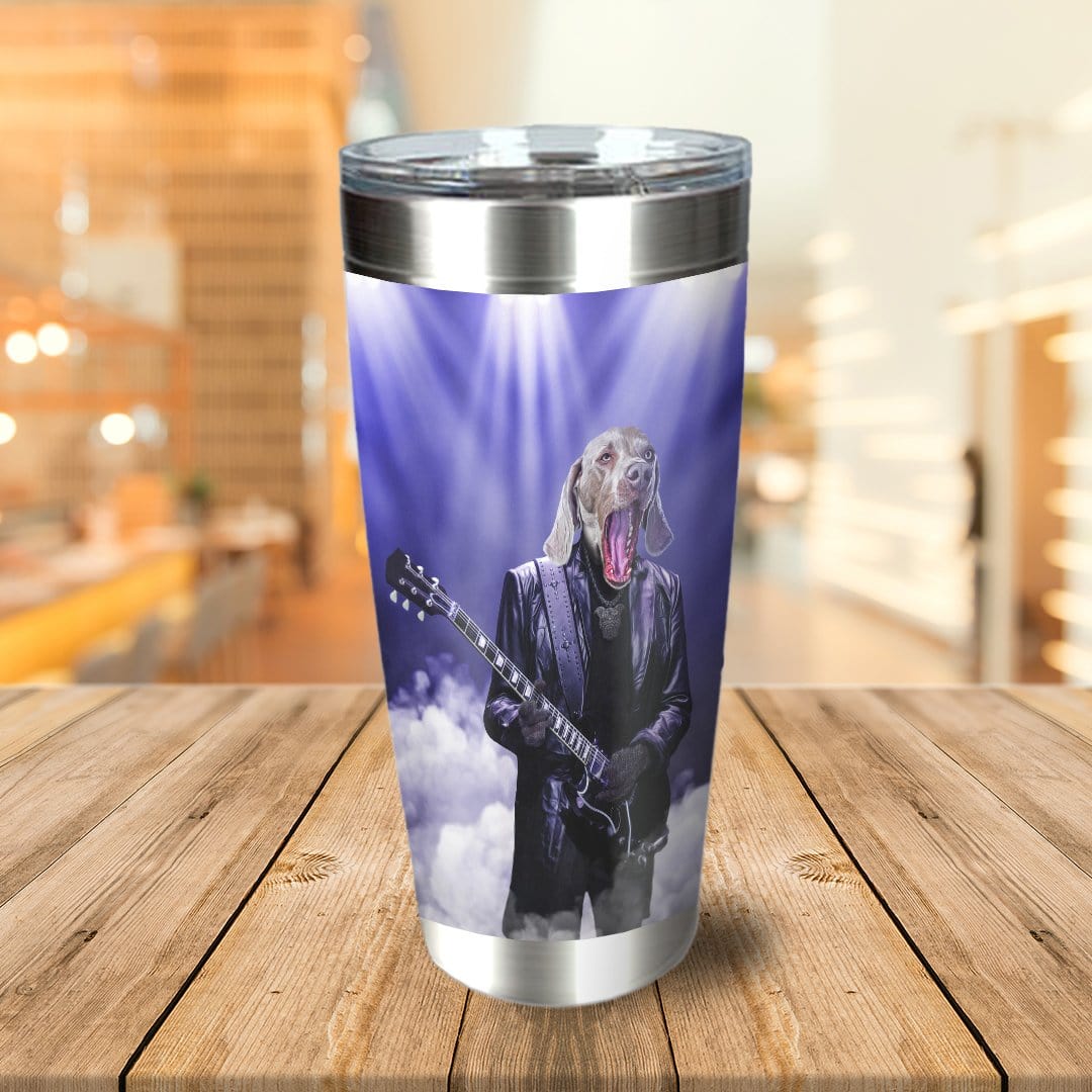 Personalized stainless steel tumbler with a custom dog portrait as a rocker playing guitar.