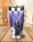 Personalized stainless steel tumbler with a custom dog portrait as a rocker playing guitar.