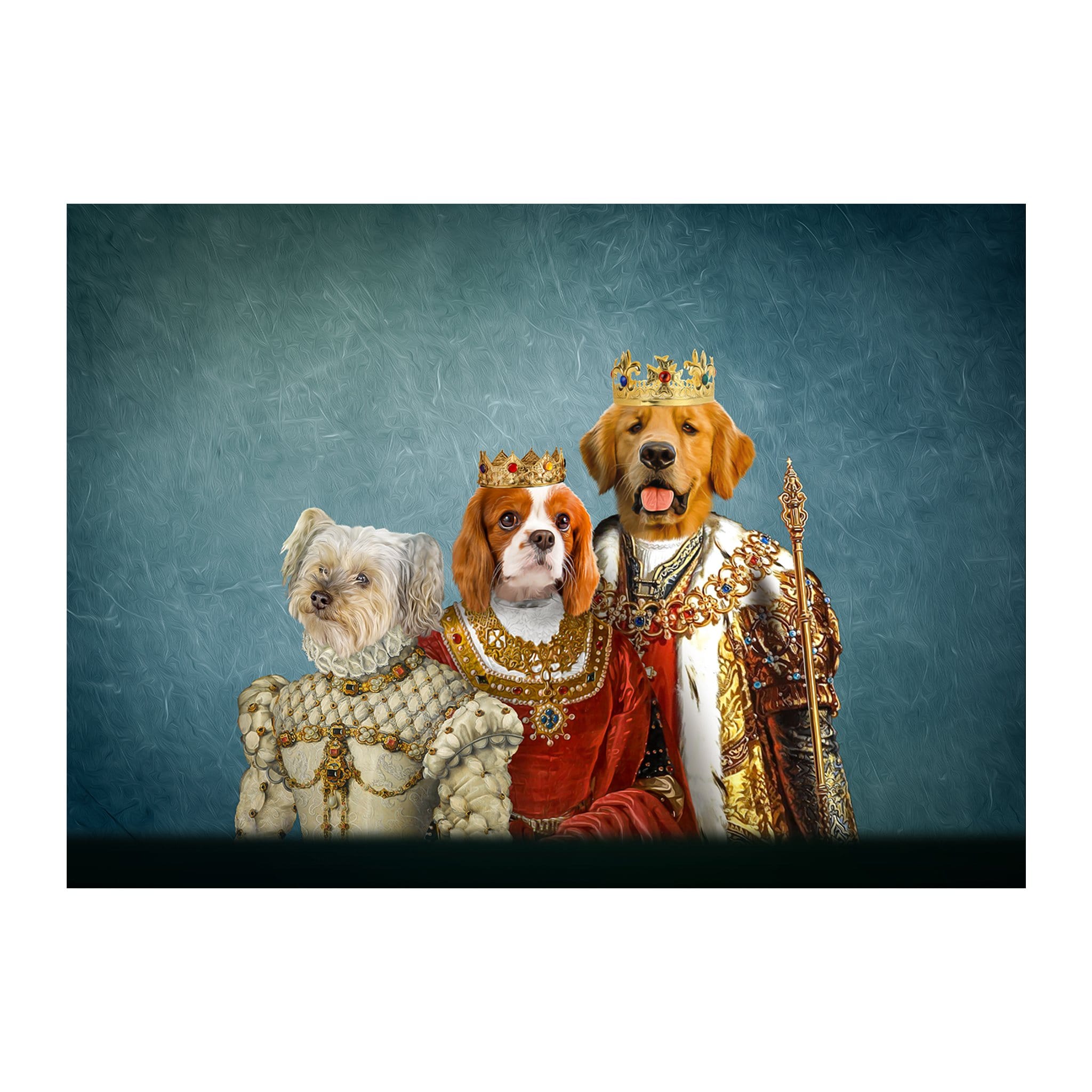 Custom digital portrait of three pets as a royal family, featuring a dog king, queen, and princess.