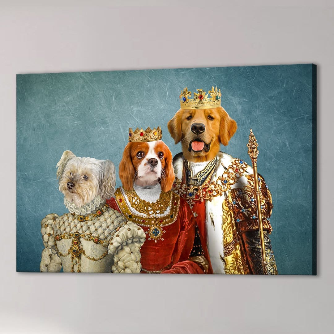 Three pets, a Golden Retriever, Cavalier King Charles Spaniel, and Maltese, in royal attire on a canvas.