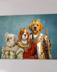 Three pets, a Golden Retriever, Cavalier King Charles Spaniel, and Maltese, in royal attire on a canvas.