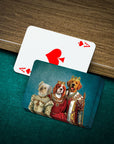 Personalized Royal Family playing cards featuring three dogs in renaissance costumes on a green felt table.
