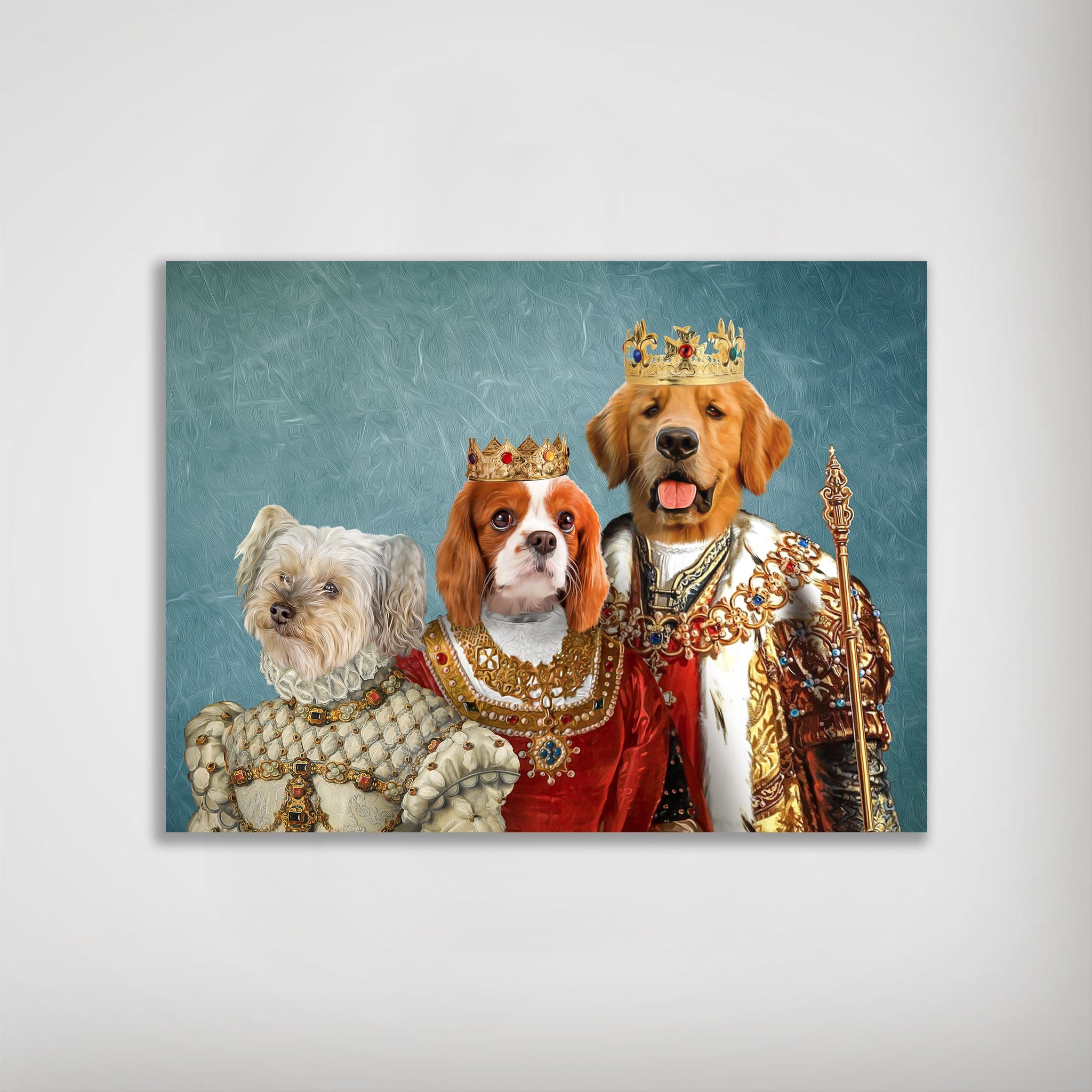 Personalized 'The Royal Family' poster featuring three pets in regal attire on a blue background.