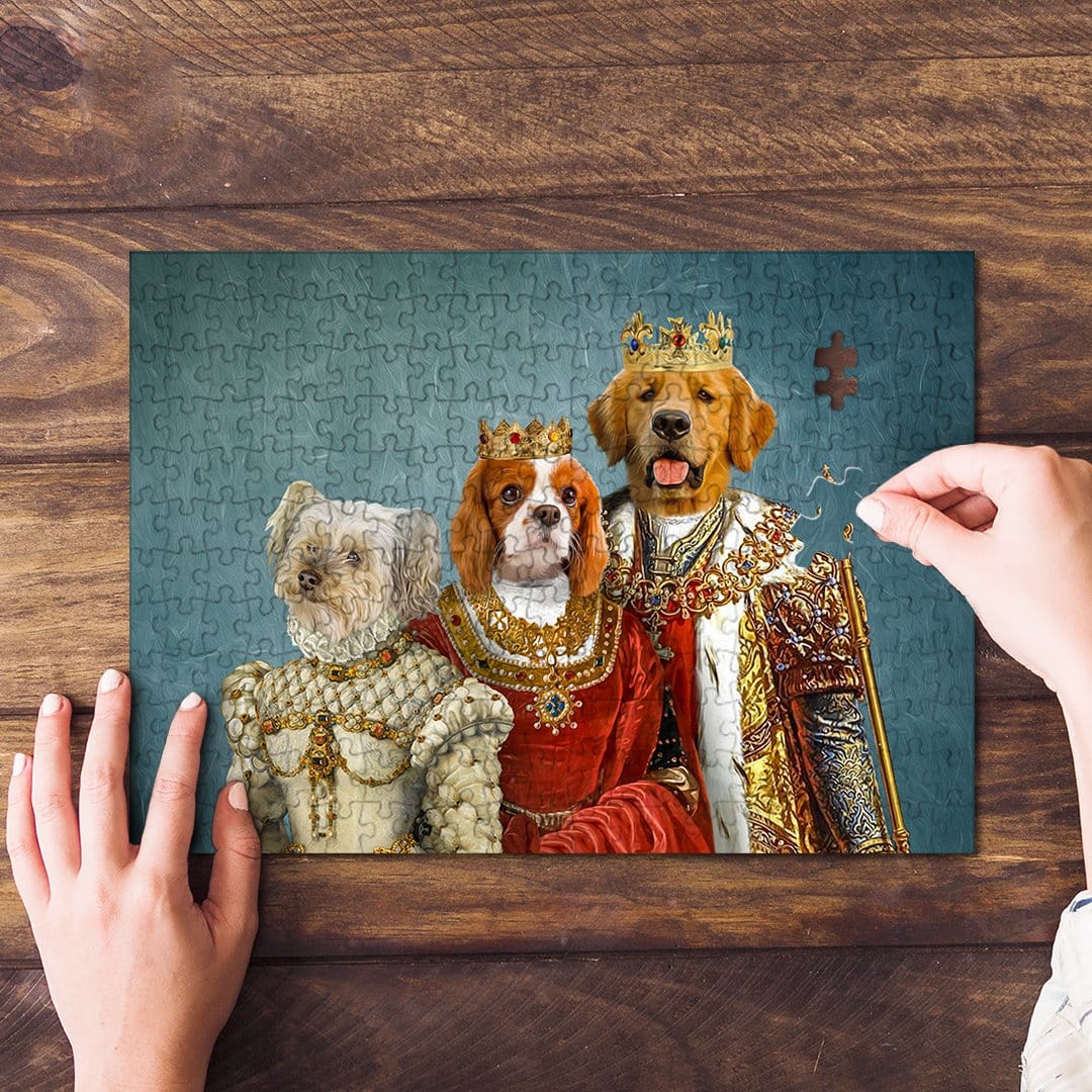Personalized 'Royal Family' custom 3-pet portrait puzzle with dogs in renaissance attire.