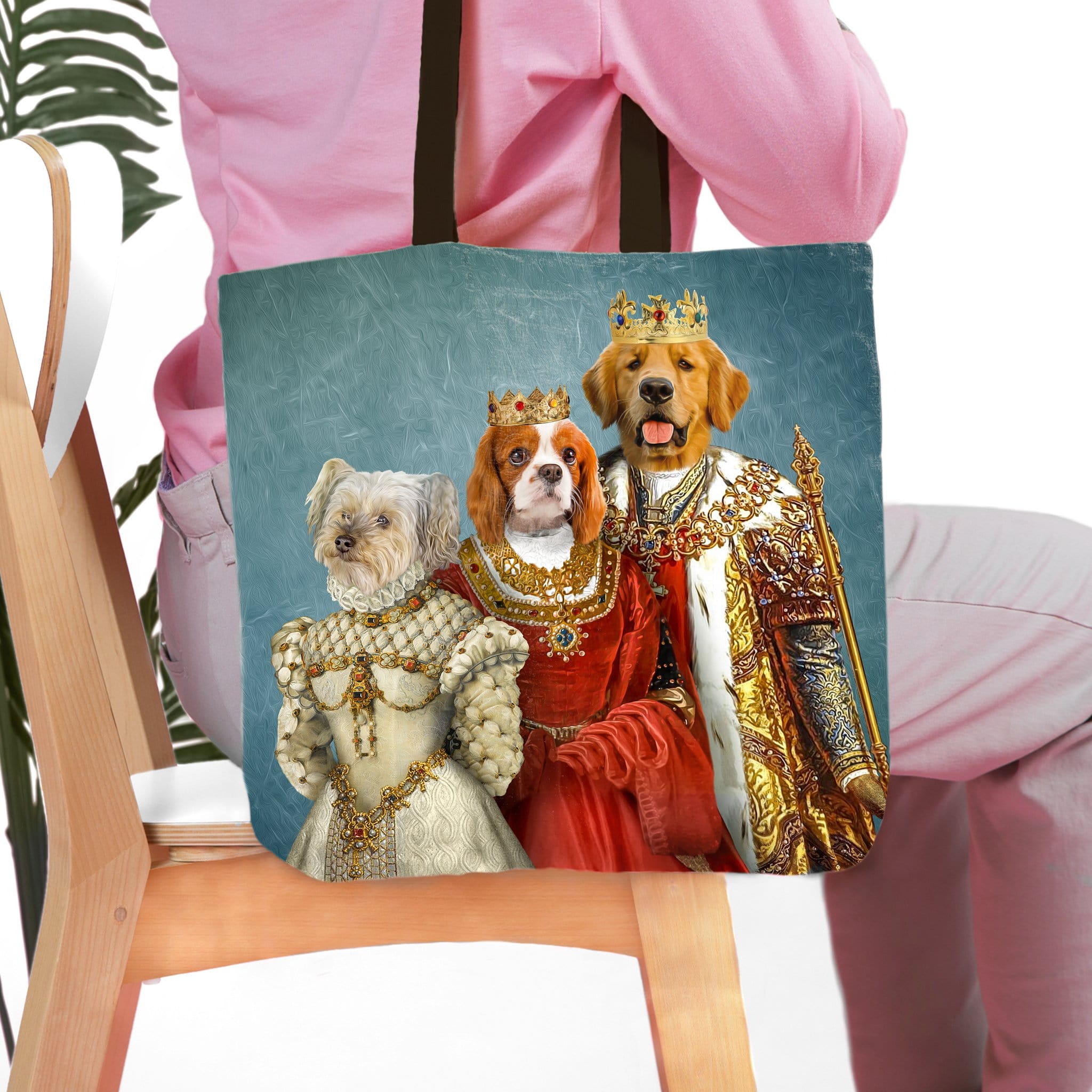 Personalized Royal Family 3-pet portrait tote bag featuring a Maltese, Cavalier King Charles Spaniel, and Golden Retriever.