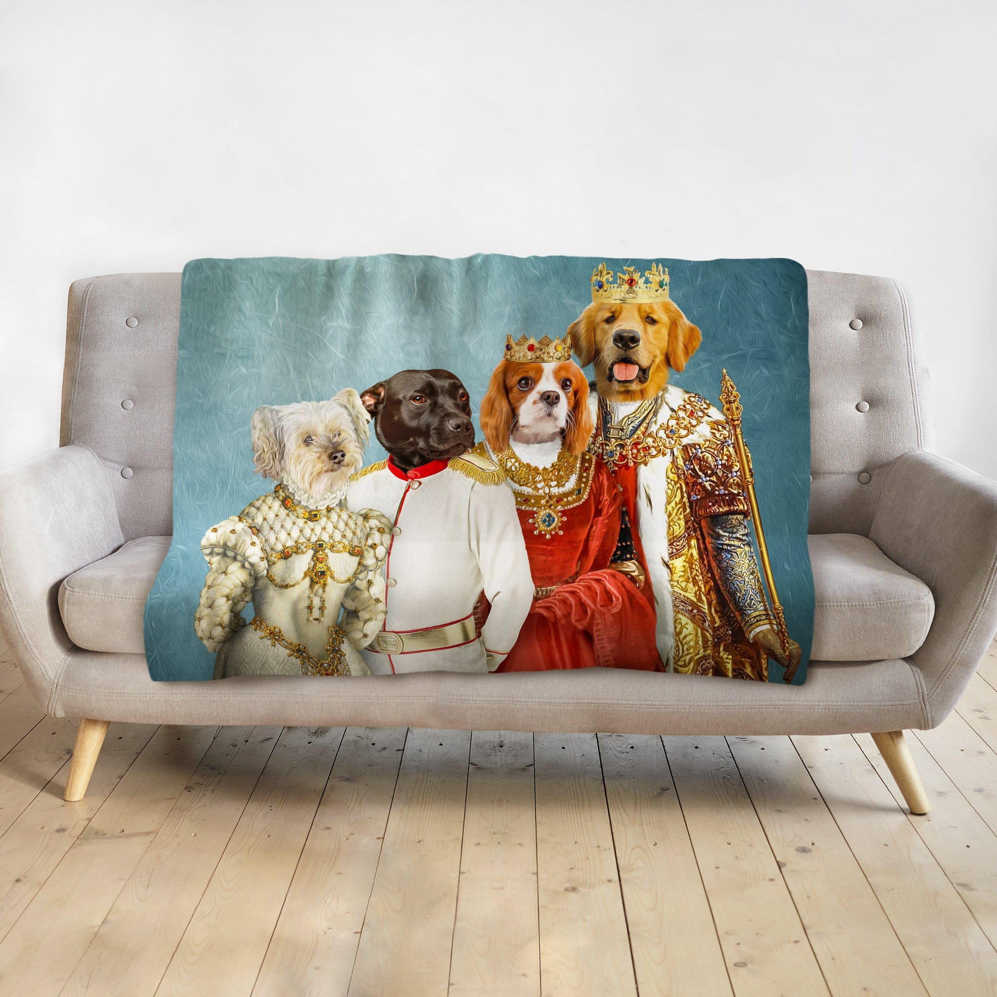 Custom personalized royal renaissance portrait blanket featuring four dogs in regal attire.