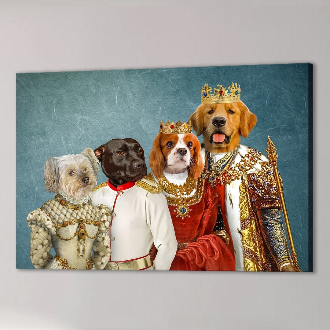 Custom canvas of four pets dressed as a royal family, featuring a golden retriever king, cavalier queen, brown dog prince, and white dog princess.