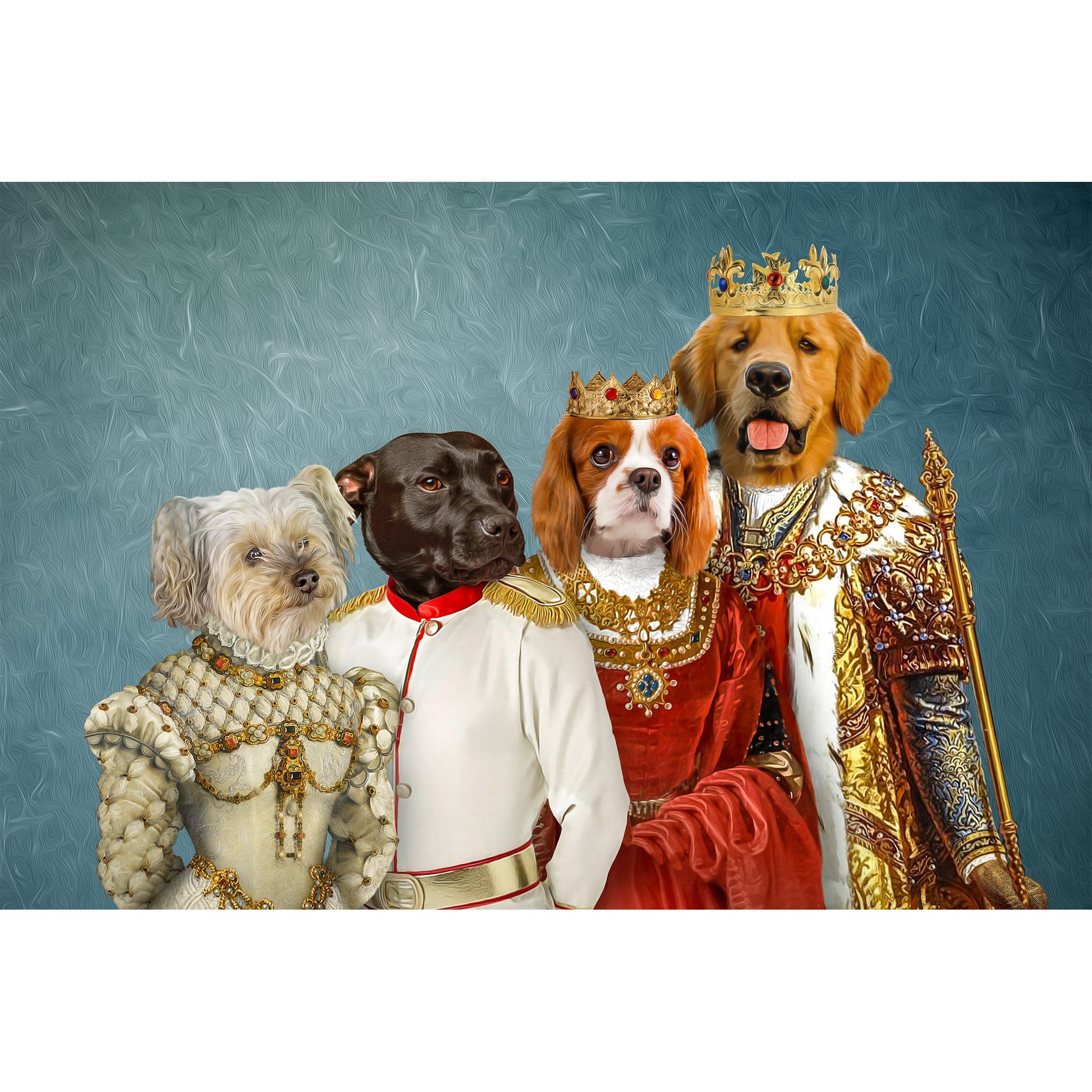 Personalized digital portrait of four pets dressed in royal renaissance attire.