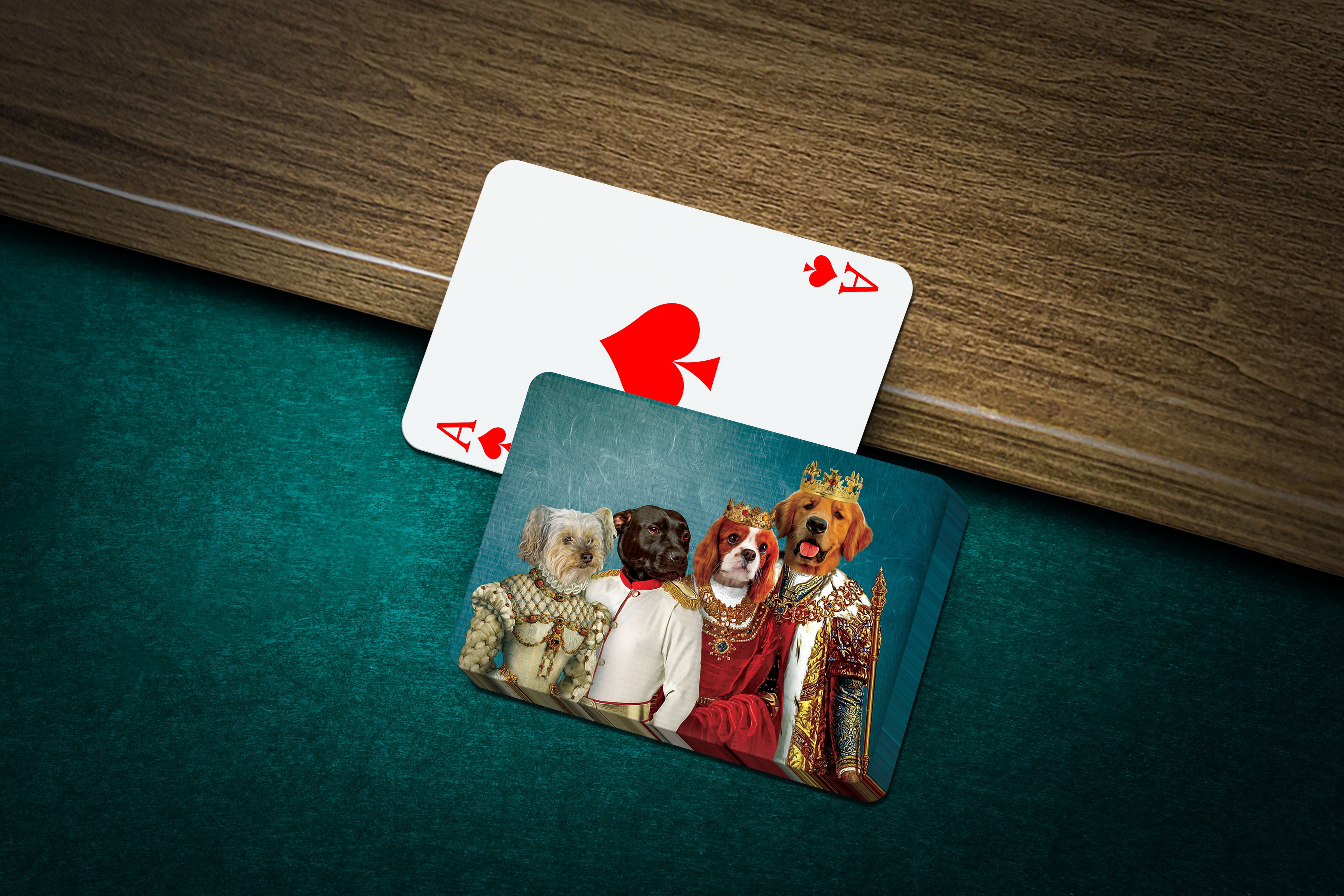 Personalized 'Royal Family' playing cards with four pets in renaissance portraits.