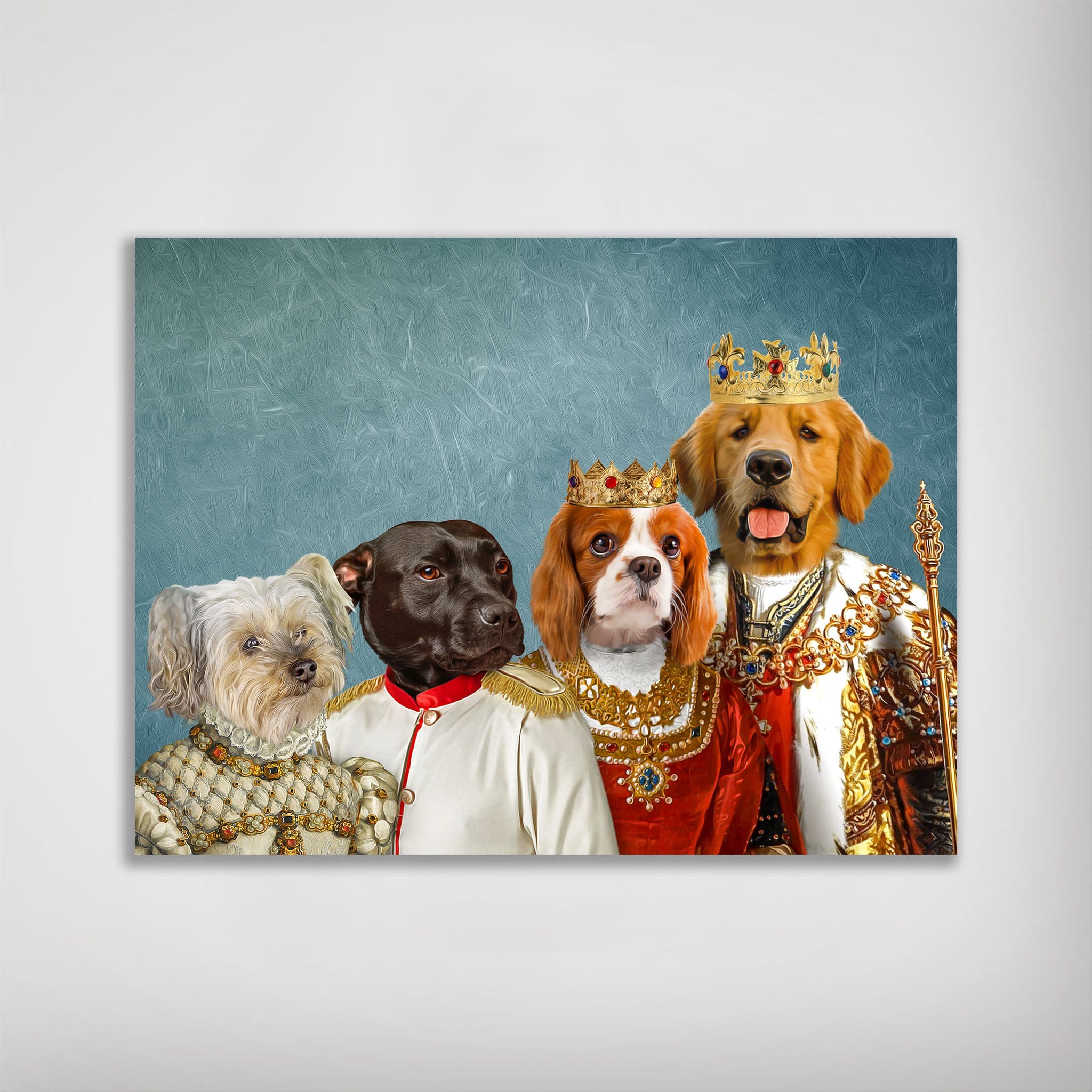 Personalized Royal Family 4 Pet Poster featuring dogs in regal attire against a blue background.
