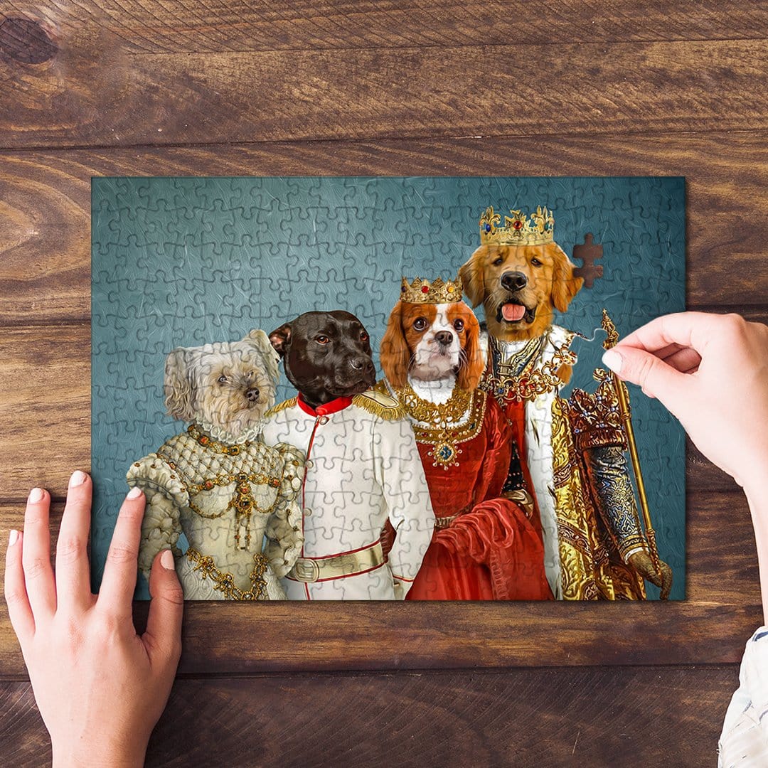 Personalized 'Royal Family' 4-pet portrait puzzle with dogs in renaissance attire, being assembled.