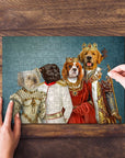 Personalized 'Royal Family' 4-pet portrait puzzle with dogs in renaissance attire, being assembled.