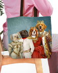 Personalized 4-pet royal renaissance portrait tote bag with custom dog and cat art.