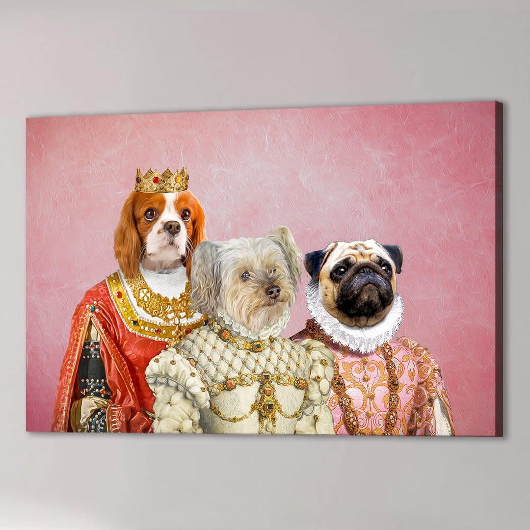 Three pets in royal attire: a Cavalier King Charles, a terrier, and a pug, on a pink canvas.
