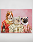 Personalized Royal Ladies pet poster featuring three dogs in ornate Renaissance attire on a pink background.