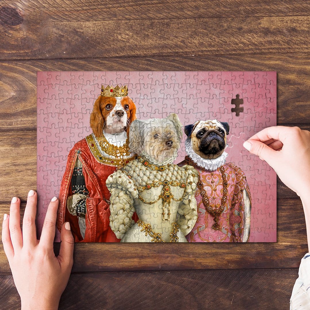 Personalized Royal Ladies 3-pet renaissance portrait puzzle on a wooden table.