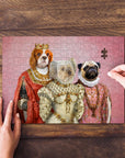 Personalized Royal Ladies 3-pet renaissance portrait puzzle on a wooden table.
