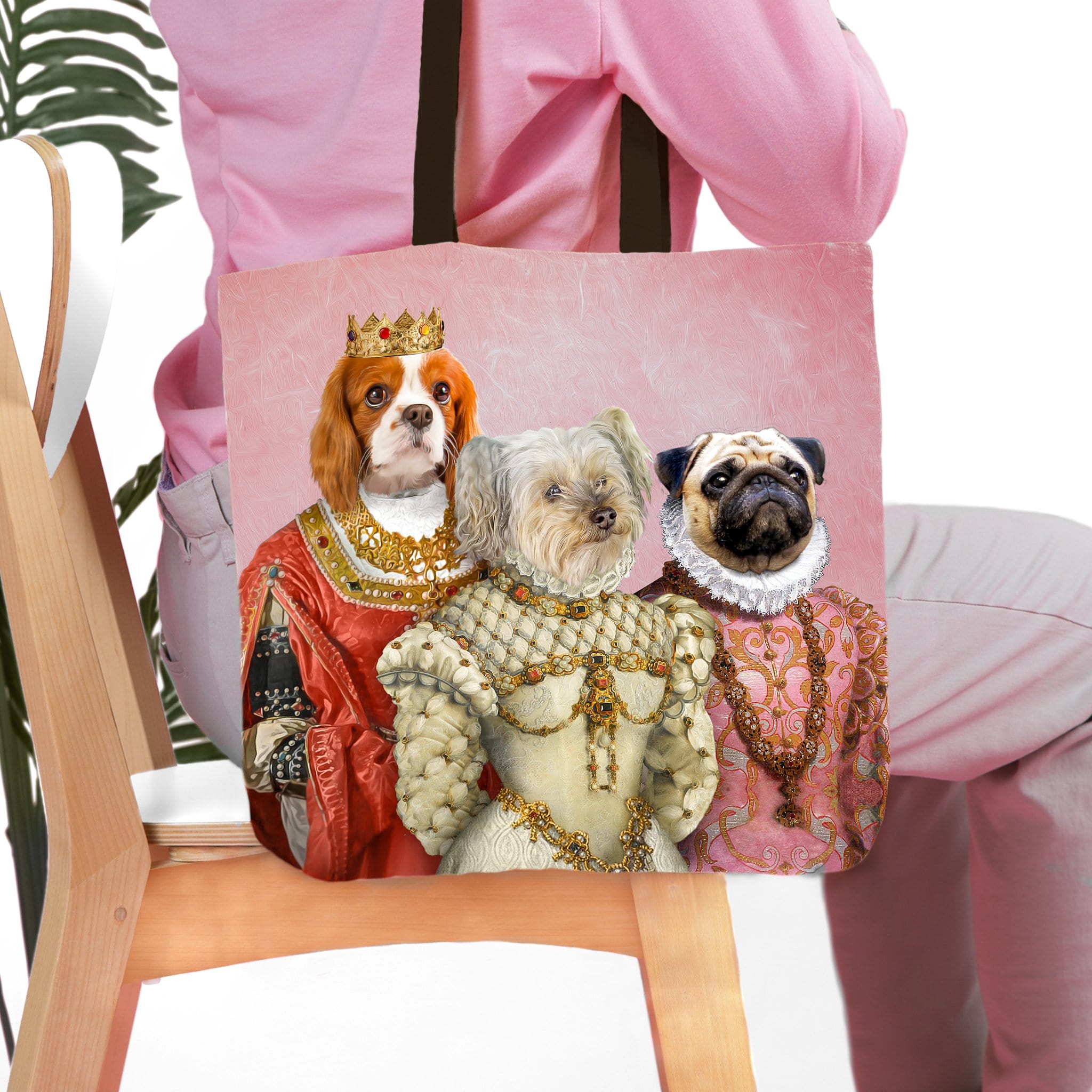 Personalized Royal Ladies 3-pet tote bag featuring a Cavalier King Charles, Maltese, and Pug in renaissance portraits.
