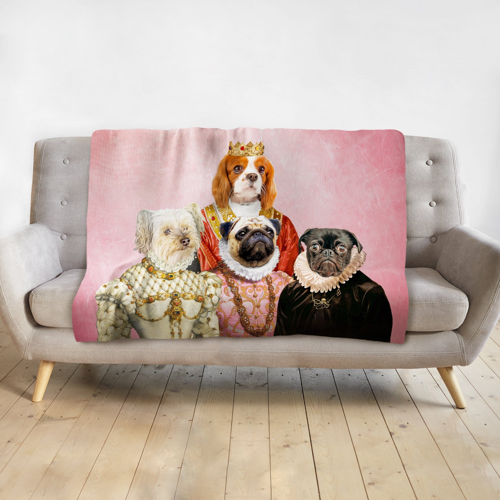 Personalized royal renaissance portrait blanket featuring four dogs on a pink background.