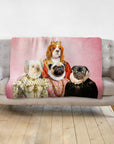 Personalized royal renaissance portrait blanket featuring four dogs on a pink background.