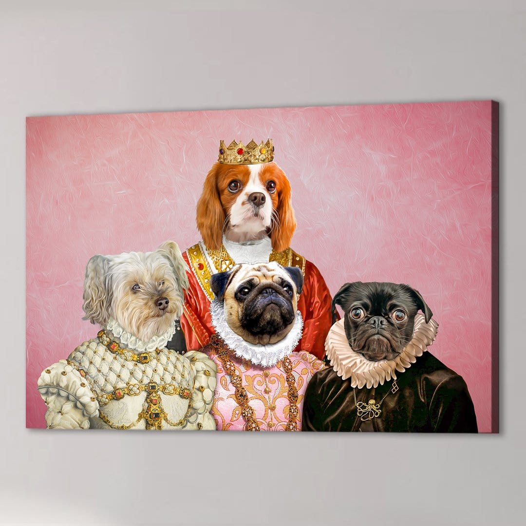 Four pets in royal Renaissance attire on a pink canvas, featuring a crowned Cavalier King Charles Spaniel.