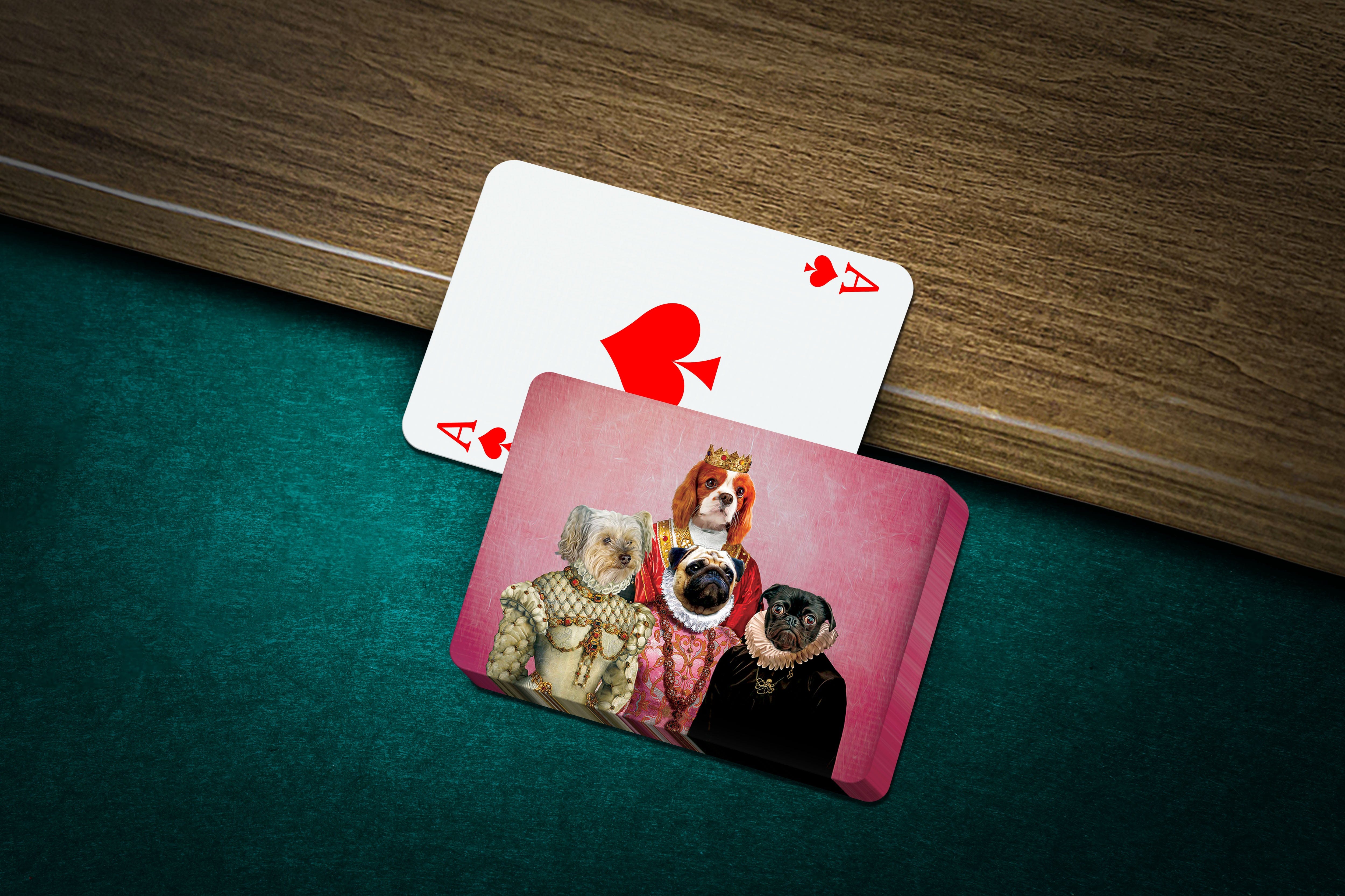 Personalized playing cards featuring three pets in royal renaissance portraits on a pink background.