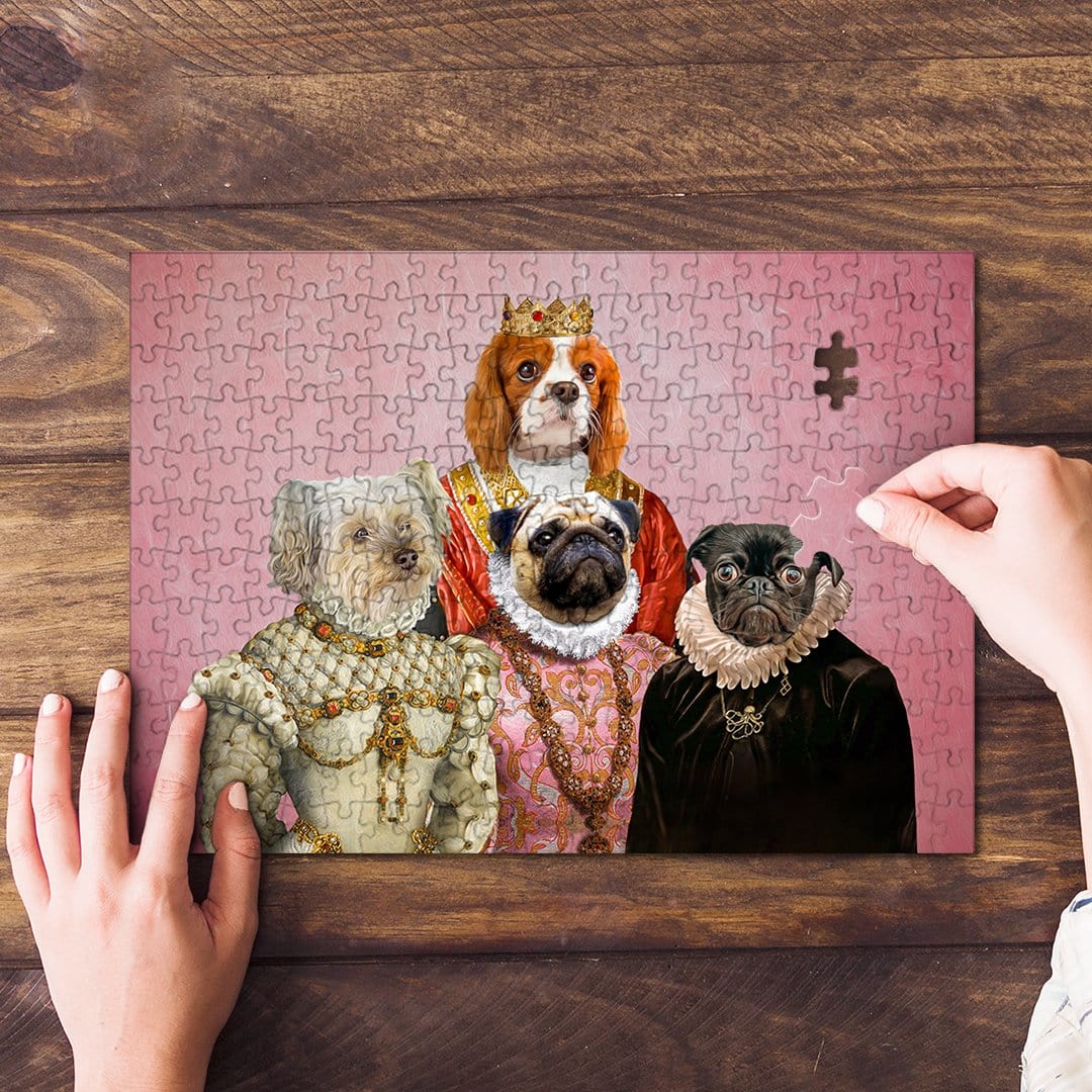 Personalized 'Royal Ladies' puzzle featuring four pets in renaissance-style attire on a pink background.