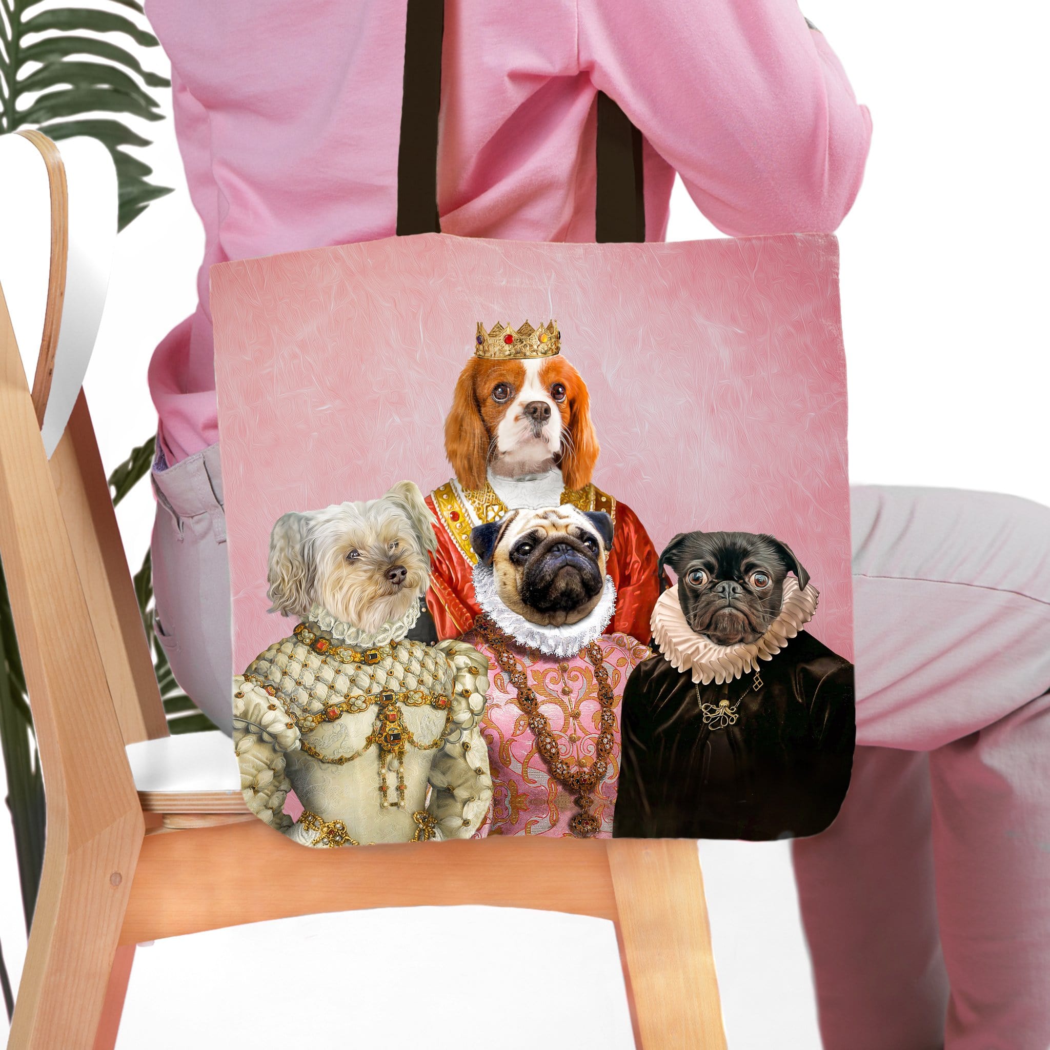 Personalized Royal Ladies 4-pet portrait tote bag featuring a Cavalier King Charles, Maltese, and two Pugs.