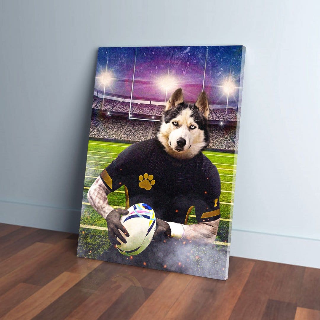Personalized pet canvas featuring a husky in a black rugby uniform holding a ball on a green field.