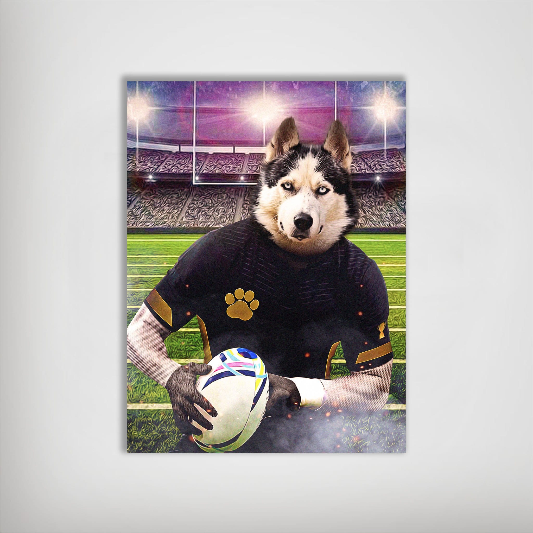 Personalized husky pet poster in a black rugby uniform holding a ball on a green field.