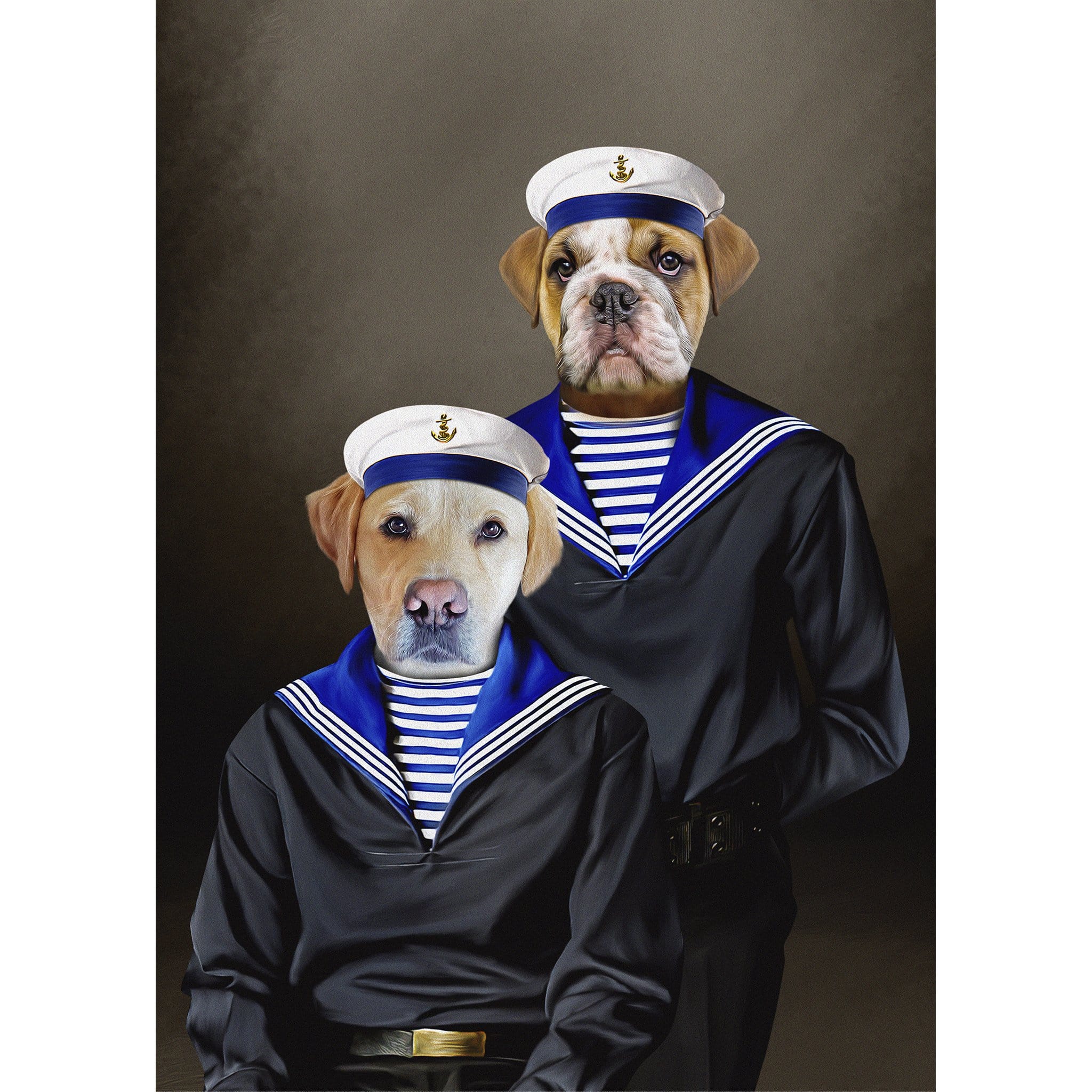 Custom digital portrait of two pets, a Labrador and a Bulldog, dressed as sailors in navy and white uniforms.