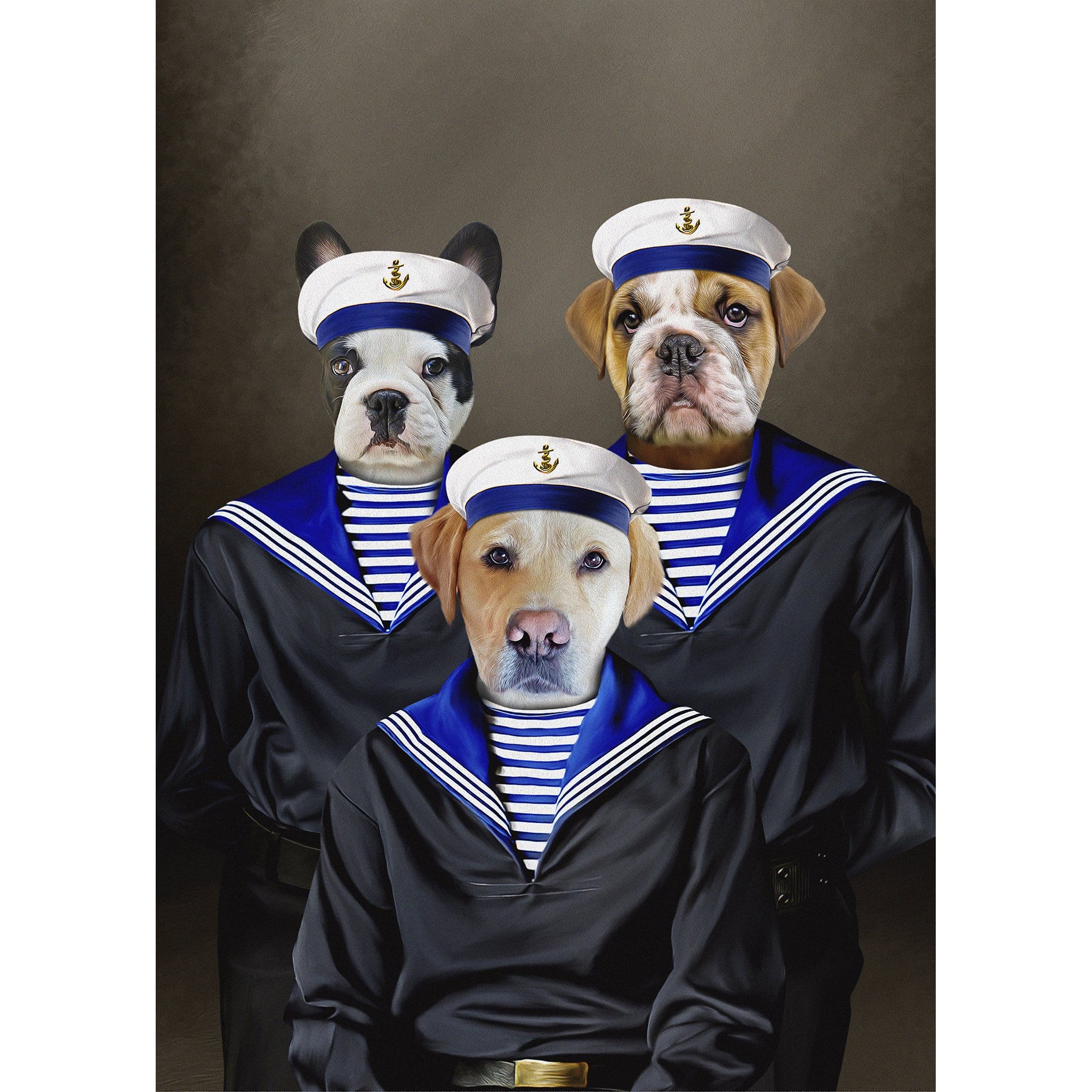 Custom digital portrait of three pets dressed as sailors in blue and white uniforms.