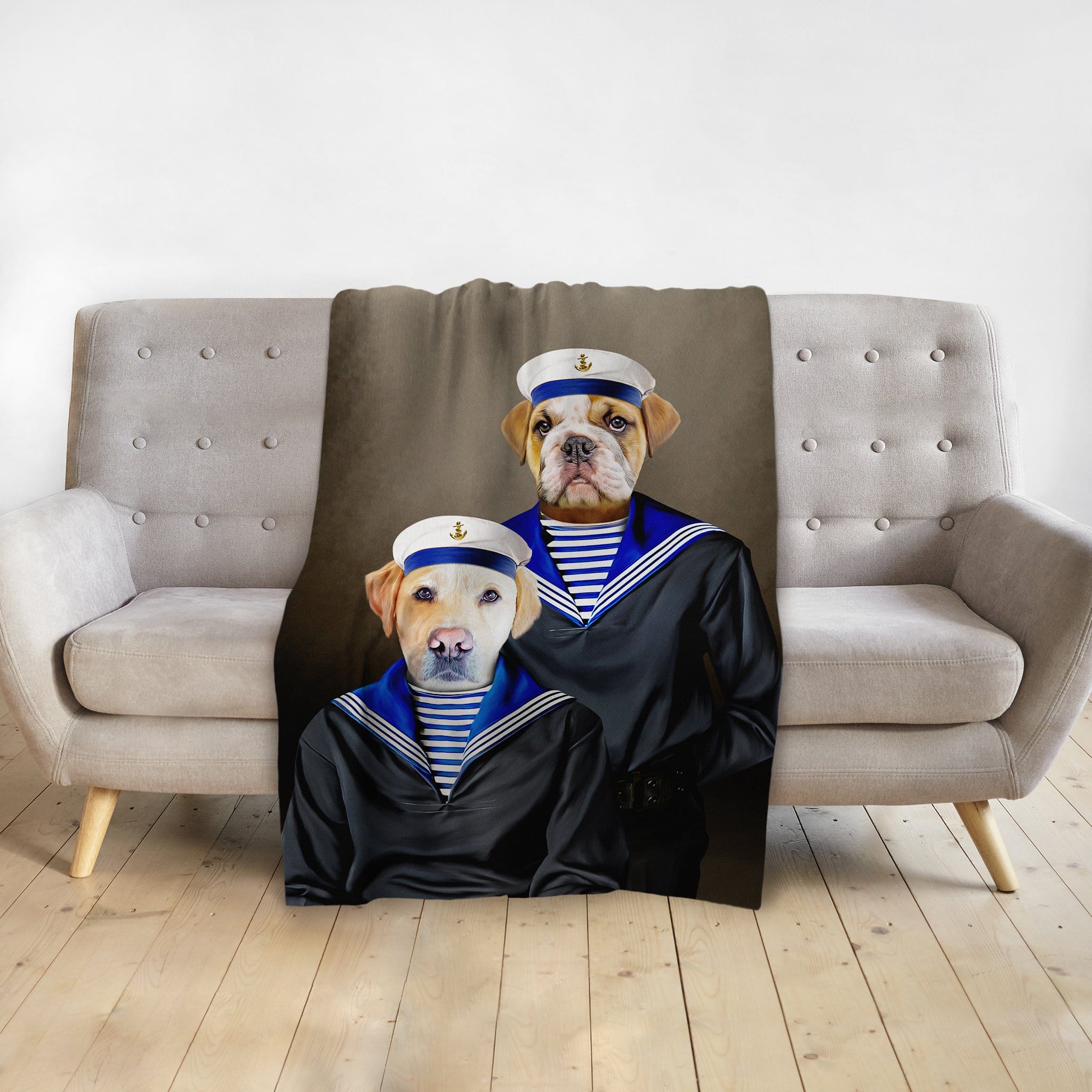 Personalized 2-pet blanket with a Doggovinci sailor portrait of a bulldog and a labrador.