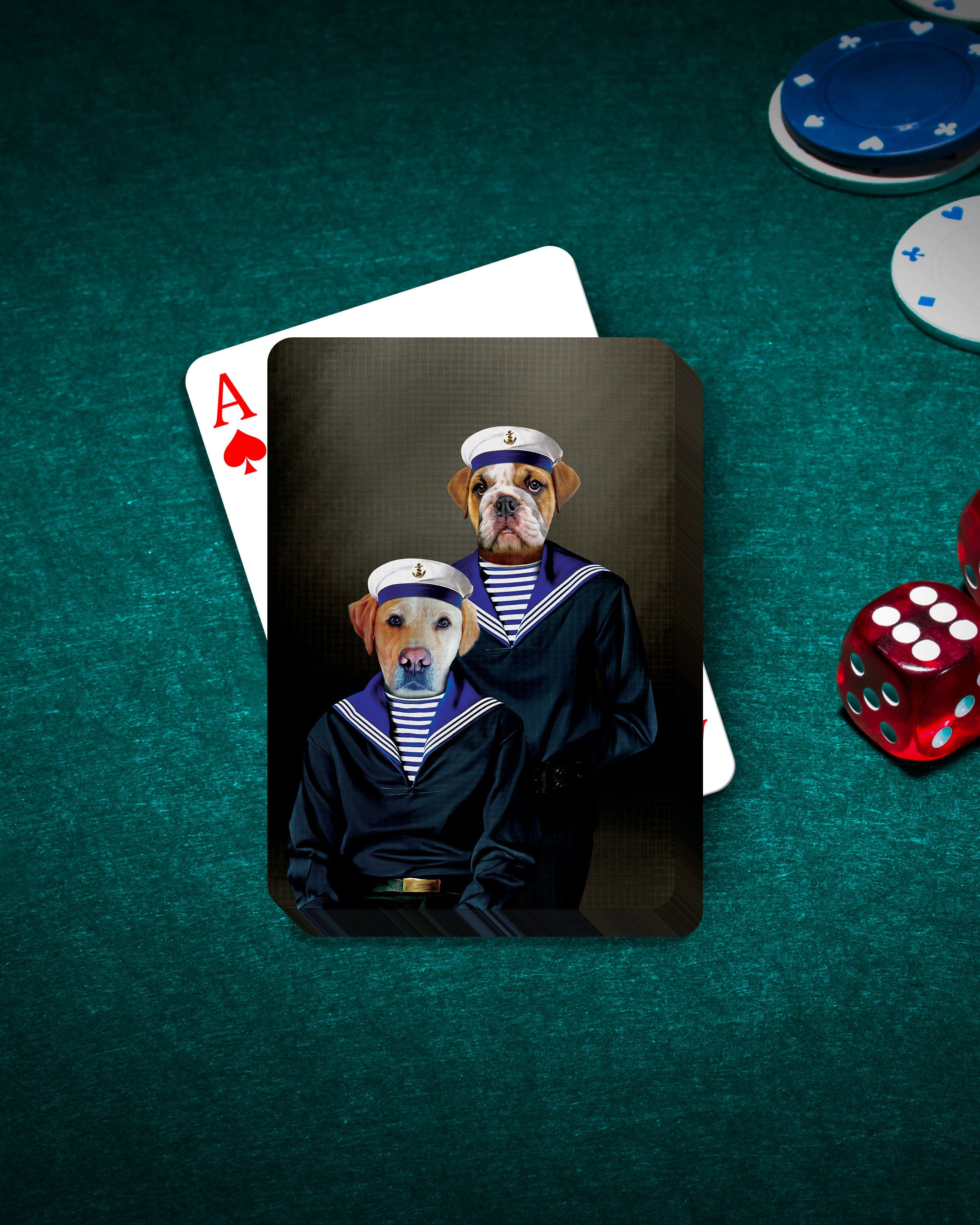 Personalized playing cards featuring two pets, a dog and a bulldog, dressed in sailor costumes.