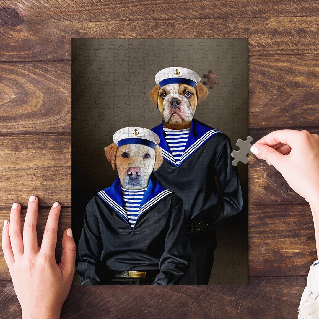 Personalized 2 pet puzzle featuring a bulldog and labrador in sailor outfits.