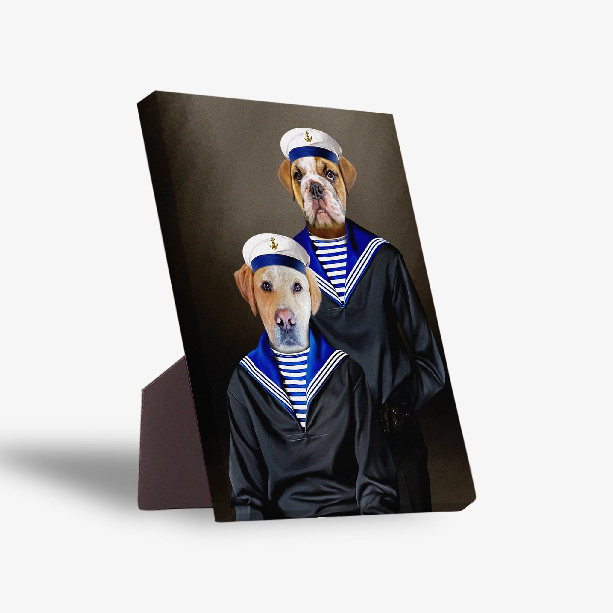 Two pets, a bulldog and a labrador, in sailor outfits on a personalized standing canvas with a dark background.