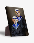 Two pets, a bulldog and a labrador, in sailor outfits on a personalized standing canvas with a dark background.