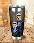 Personalized stainless steel tumbler with two pets, a bulldog and a labrador, dressed as sailors.
