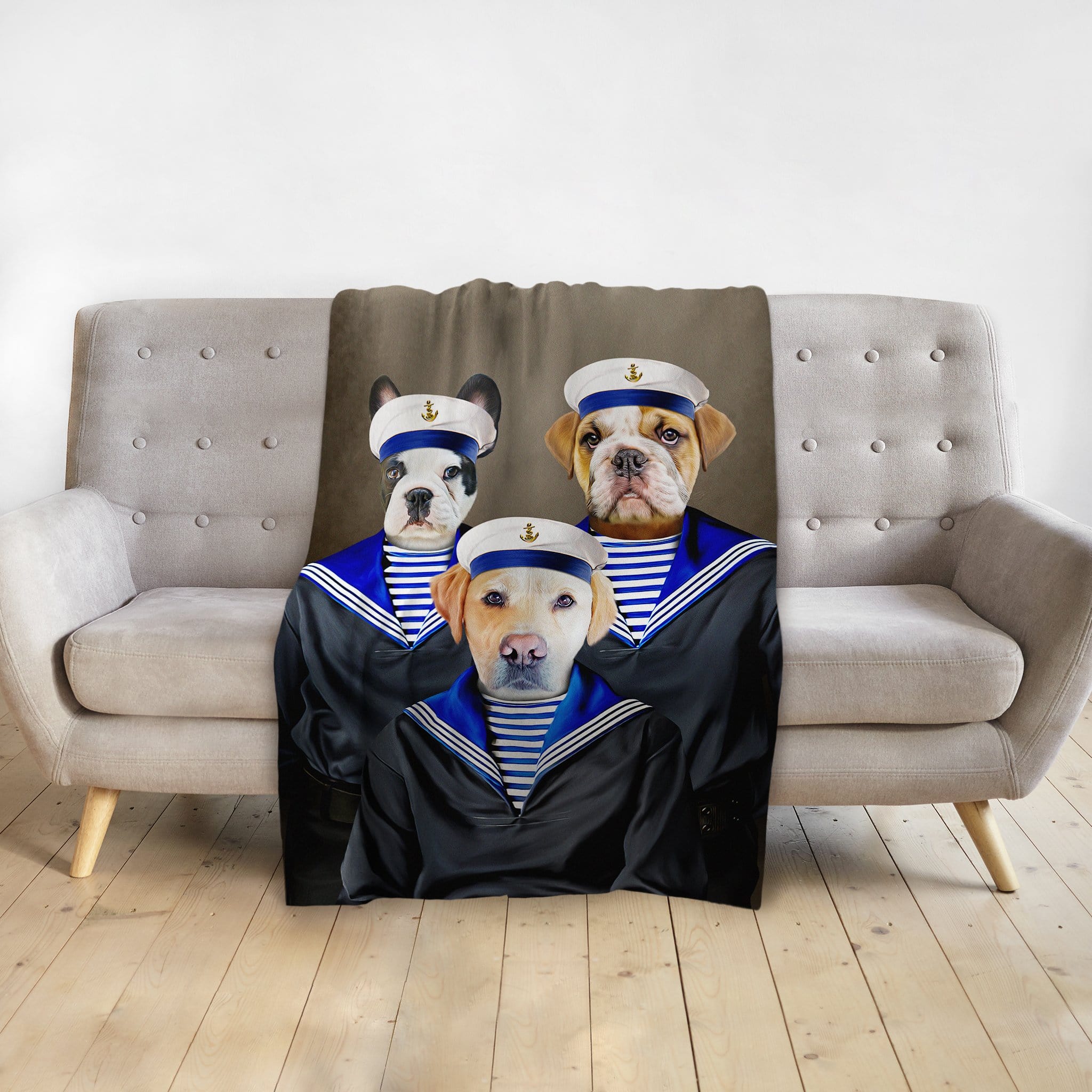 Personalized custom blanket with three pets as sailors in renaissance royal portraits.